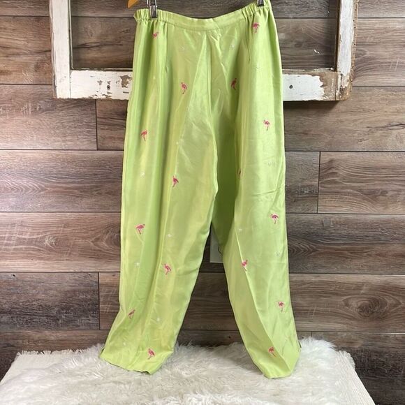 SILKLAND Womens 100% Silk Floral Flamingo Green Lined Side Zip Pants Size 10 - Picture 6 of 7